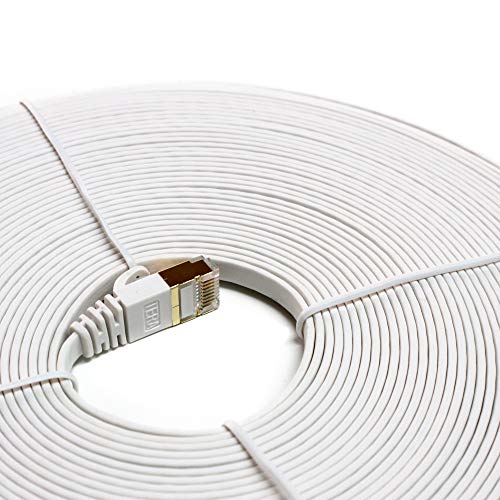 Tera Grand - 50Ft - Cat7 10 Gigabit Ethernet Ultra Flat Patch Cable For Modem Router Lan Network, Gold Plated Shielded Rj45 Connectors, Faster Than Cat6A Cat6 Cat5E, White #TOP2
