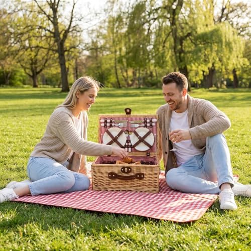 Image of Multifunctional Wicker Picnic Basket Set for 4 Blanket Family Folding Wine Table,Insulated Portable Extra Big Storage Capacity Woven Rattan Canasta De Full Tablewares Camping Outdoor Flowers Pink