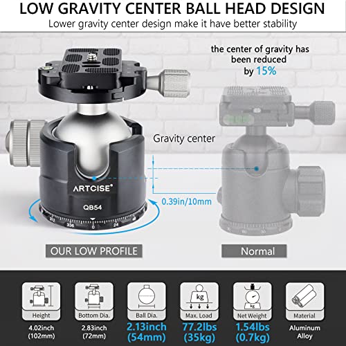 Low Profile Ball Head Unique 54Mm Ball 360 Panoramic Tripod Head Cnc Aluminium Alloy Metal Ball-Head Arca Swiss Quick Release Plate Max Loading 77Lbs/35Kg  #TOP2