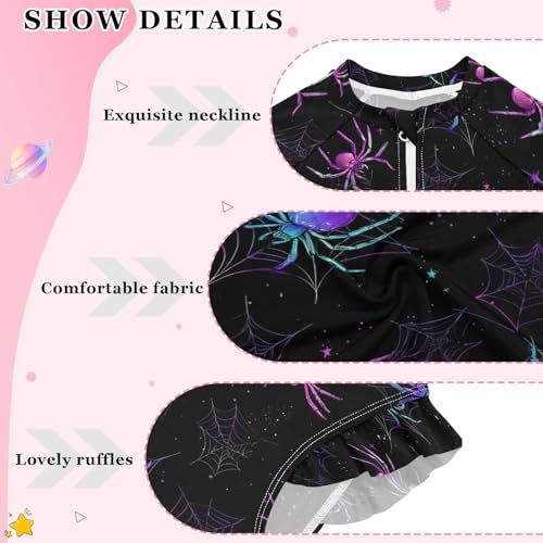 ALAZA Colorful Spider Web Halloween Girls One Piece Swimsuit Long Sleeve Rash Guard Swimsuits UV 50+ Swimwear Zipper4