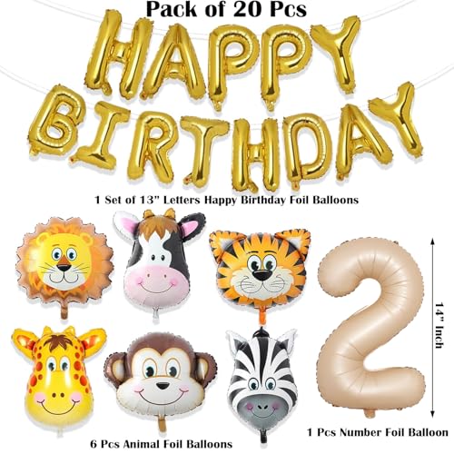 Image of Rozi Decoration Jungle Theme 2nd Birthday Foil Balloons Kit - 20 Pcs Animal & Number Balloons for Boys Girls Second Birthday Party Decorations