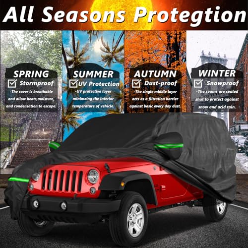 Image of Car Cover for Jeep Wrangler 4 Door (1987-2025) JK JL CJ YJ TJ, Waterproof All Weather Car Cover for Automobiles, Outdoor Windproof, Dustproof, UV Proof Protection Fit for Jeep Wrangler (Black)
