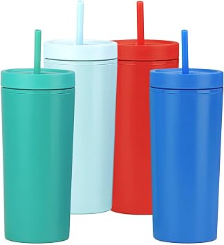 Arora Skinny Tumblers With Lids and Straws4 pack-16oz Acrylic Tumblers with Lids and Straws,Double Wall Tumblers with Lids and Straws