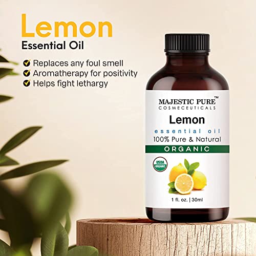 Majestic Pure Lemon Usda Organic Essential Oil | 100% Organic And Premium Quality| Aromatherapy, Skincare, Hair Care, & Household Use | 1 Fl. Oz #TOP4