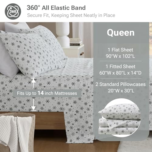 Image of Sleep Philosophy True North Flannel Sheets Queen Size, Cozy 100% Cotton Flannel Bed Sheets, Ultra Soft Cute Sheet Set, Novelty Print Themed Cold Weather Warm Bedding Set, Black Snowflakes, 4 Piece