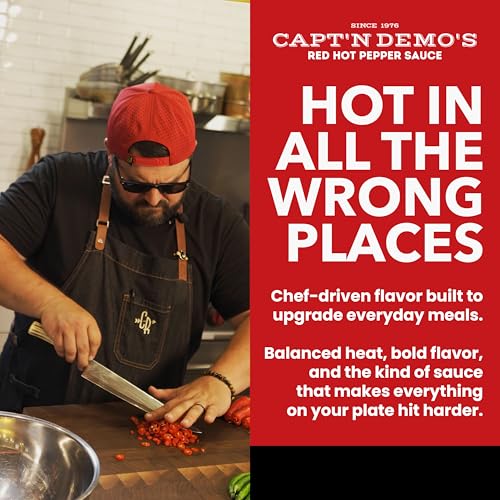 Image of CAPTAIN DEMO's DOUBLE TRUFFLE Red Hot Pepper Sauce - Two Bottle Pack with BONUS Travel Bottle, Gourmet Hot Sauce With Black AND White Truffles, Perfect Level of Garlic-ky, Hot Honey Heat