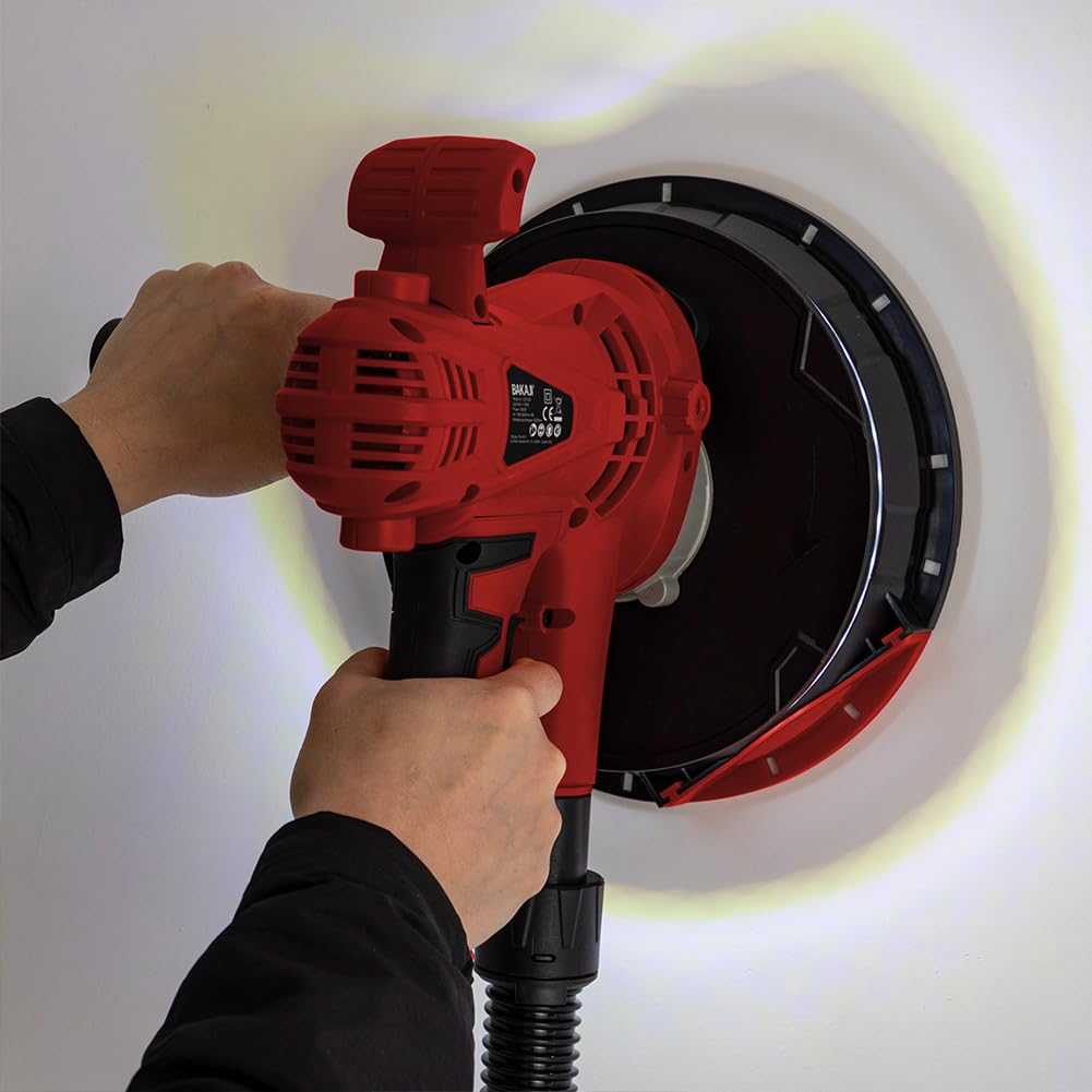Bakaji Lijadora de pared de techo plegable lijadora jirafa placa de yeso succión automática con luz LED, varilla telescópica y 6 discos abrasivos (manual con bolsa de 1280W)