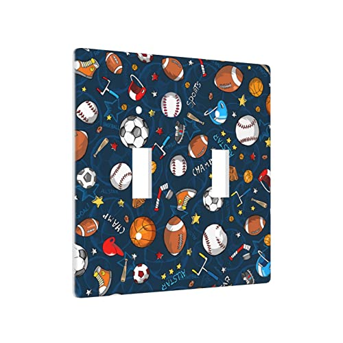 Cartoon Balls Light Switch Cover Decorative Double Toggle 2 Gang Wall Plate For Nursery Kids Boys Room Bedroom Bathroom Kitchen-Sports Basketball Baseball #TOP1