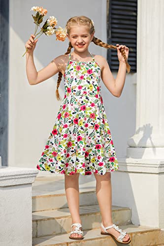 Raisevern Girls Sundress Cami Dress Summer Dresses Flower A-Line Sling Spaghetti Strap Casual Twirly Swing Children Red Yellow Outfits Vacation Party Size 8-9 Years Old #TOP4
