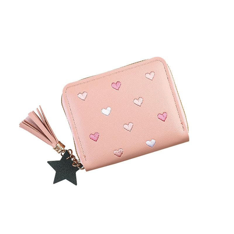 1Pc Blue Pink Cute Wallet with Zipper PU Leather Wallet Credit Card Holder Small Travel Wallet with Heart Embroidery Star Tassels Pendant for Womens