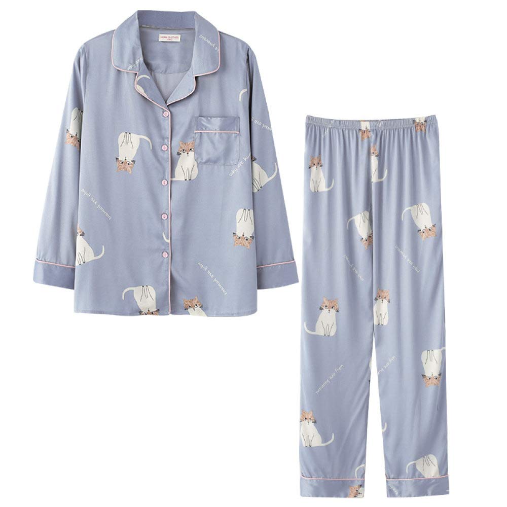 MIYAA Damen Pyjama Satin Schlafanzug Set,Frauen Satin Seide Pyjama Set Süße Katze Nachtwäsche Langarm Große Größe Mode Pyjama Für Mädchen Nachtwäsche Loungewear XXL