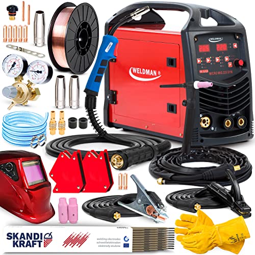Weldman Micro MIG 225 SYN - Poste à souder MIG 3en1 - MIG/MAG : Avec gaz et à fil fourré, Lift-TIG et MMA - 60% 220A - Synergie - Brasage MIG - Avec des torches MIG et TIG (Premium)