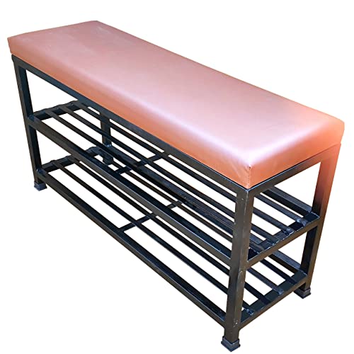 Image of Metal Shoe Rack Bench for Entryway | 2-Tier Shoe Organizer with Comfortable Cushion | Multipurpose Hallway Storage Furniture (Black, Heavy Duty Steel)
