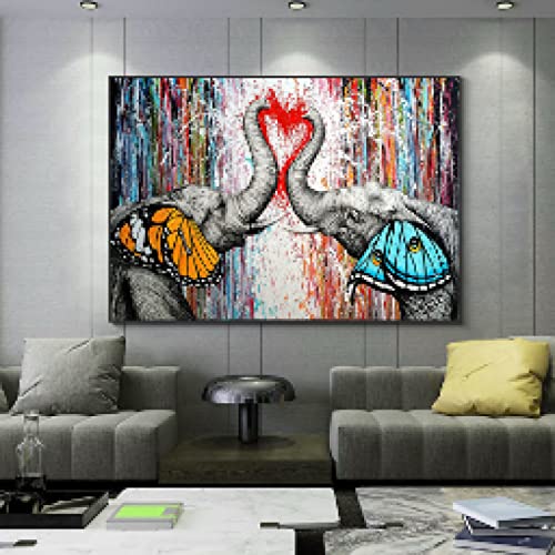 Peinture sur toile éléphant papillon cœur graffiti mural 60x80