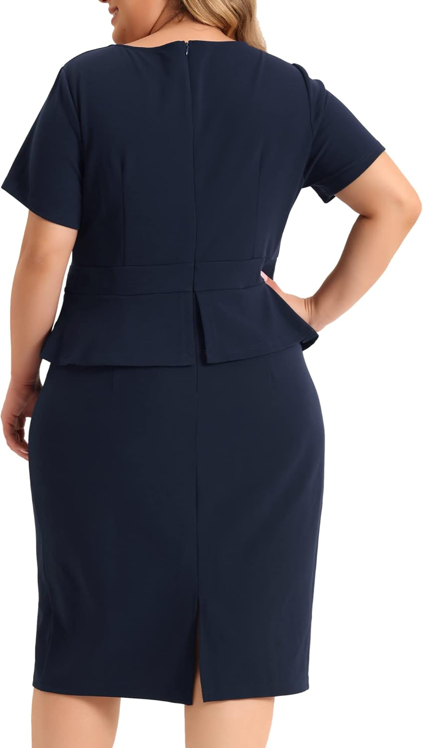 Agnes Orinda Plus Size Business Dresses for Women Short Sleeves Crew Neck Work Office Peplum Pencil Dress - Image 4