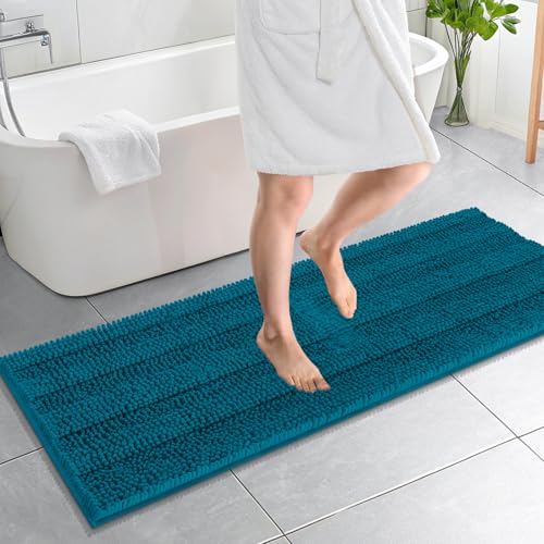Image of OLANLY Thick Bathroom Runner Rugs 59x20, Absorbent Chenille Striped Bath Rugs, Rubber Backing, Machine Wash, Extra Long Bath Mats for Bathroom, Tub and Shower, Home Decor Accessories, Peacock Blue