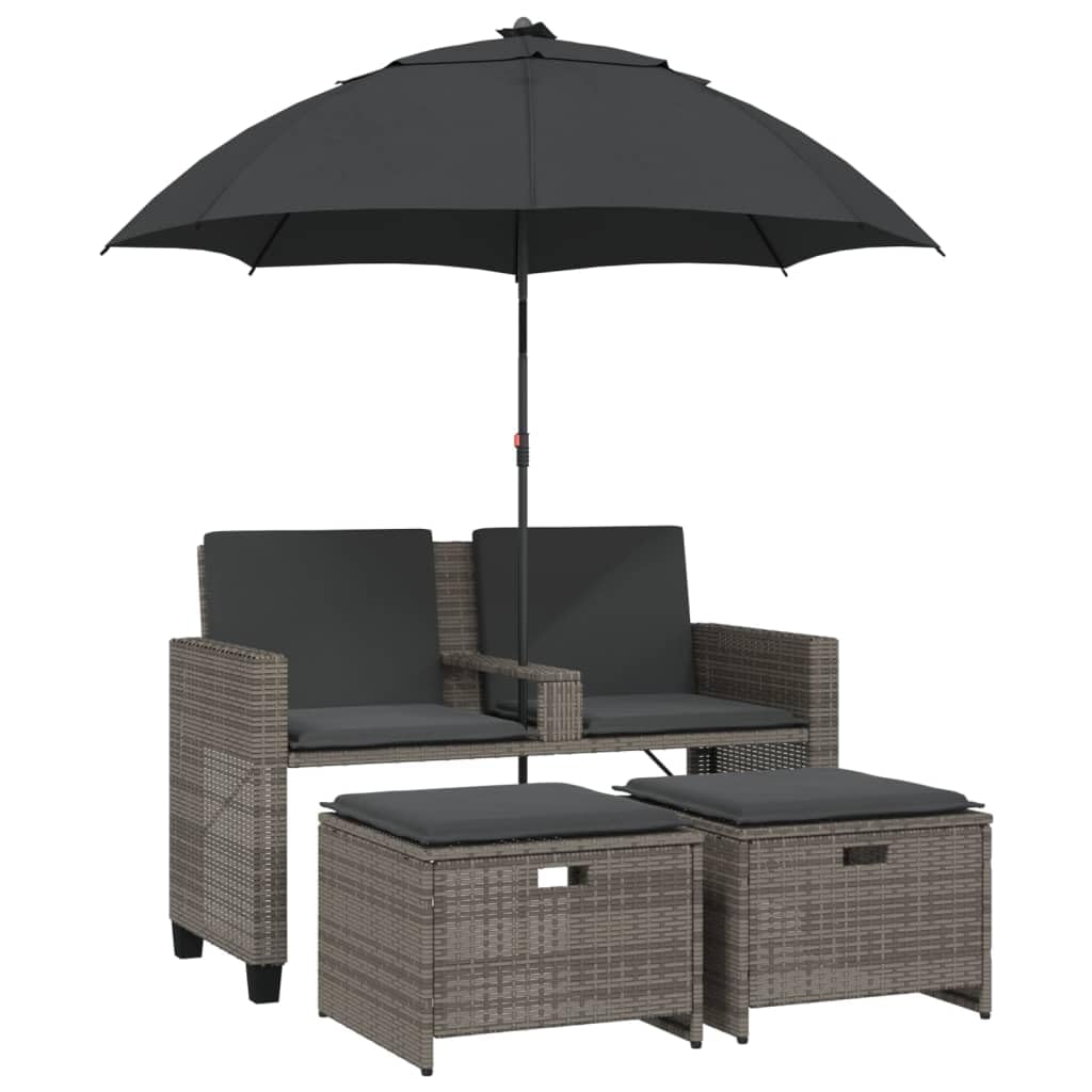 Hothingwell Sofa ogrodowa 2-osobowa szara rattanowa z parasolem | Podnóżek w zestawie, zdejmowany pokrowiec, stalowa rama, kompaktowe przechowywanie