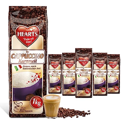 HEARTS Cappuccino Caramelo, 5 x 1 kg de café instantáneo en polvo, fácilmente soluble, paquete de 5 unidades, aprox. 400 tazas
