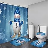 Chrainy 4Pcs Christmas Snowman Shower Curtain Sets Winter Snowflake Blue Bathroom Set Decor with Non-Slip Rugs Bath U-Shaped Mat Toilet Lid Cover Holiday Bathroom Curtains Shower Set with 12 Hooks