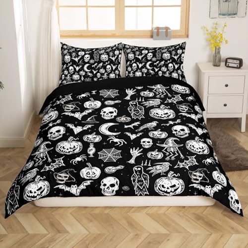 Feelyou Halloween Skeleton Skull Bedding Set Horror Pumpkin Duvet Cover Kids Boys Bats Spider Net Comforter Cover Halloween Theme Bedspread Cover with 2 Pillowcases 3Pcs Bedding King,No Comforter