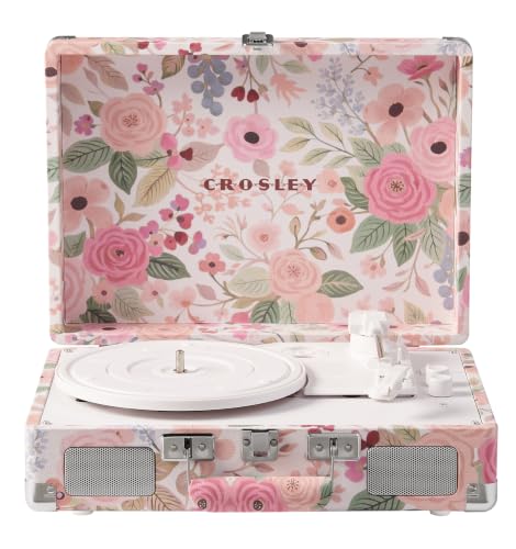 Image of Crosley CR8005F-PFG Cruiser Plus Record Player, Pink Flower Garden | 3-Speed Turntable, Bluetooth In / Out, Built-in Stereo Speakers, Isolated Internal Speakers Minimize Vibration