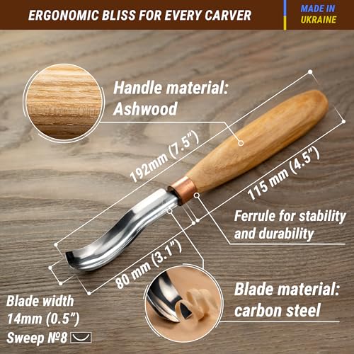 BeaverCraft, Wood Carving Bent Gouge K8a/14 0.55" - Spoon Carving Tools - Woodworking Hand Chisel Compact Wood Carving Knife for Beginners and Profi - Hobbies for Adults and Kids - Carbon Steel Blade - Image 2