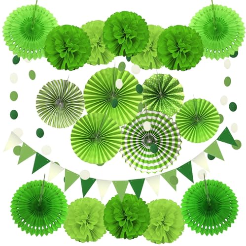AimtoHome Party Decoration Set , 20 Pcs Pom Poms Flowers , Hanging Paper Fans,Garlands String Polka Dot and Triangle Bunting Flags for Golf Party Dinosaur Birthday Parties Arbor Day?Green?