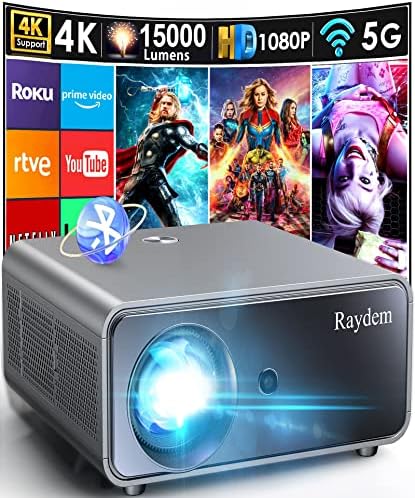 Raydem Video Projector 15000L Native 1080P 300" Display Projector with 5GHz Wi-Fi and Bluetooth,450 ANSI Portable Projector,Home Theater, Outdoor Movie Projector