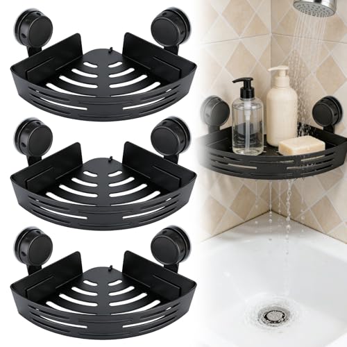 2026 New Corner Shower Shelf - Triangle Suction Cup No-Drill Bathroom Storage Rack with Towel Bar 3-Layer Adhesive Organizer for Shower and Bathroom Corners (Black)