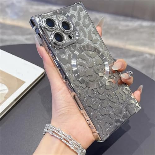 Coque iPhone 16 Plus léopard paillettes argent magnétique : protégez votre mobile avec style