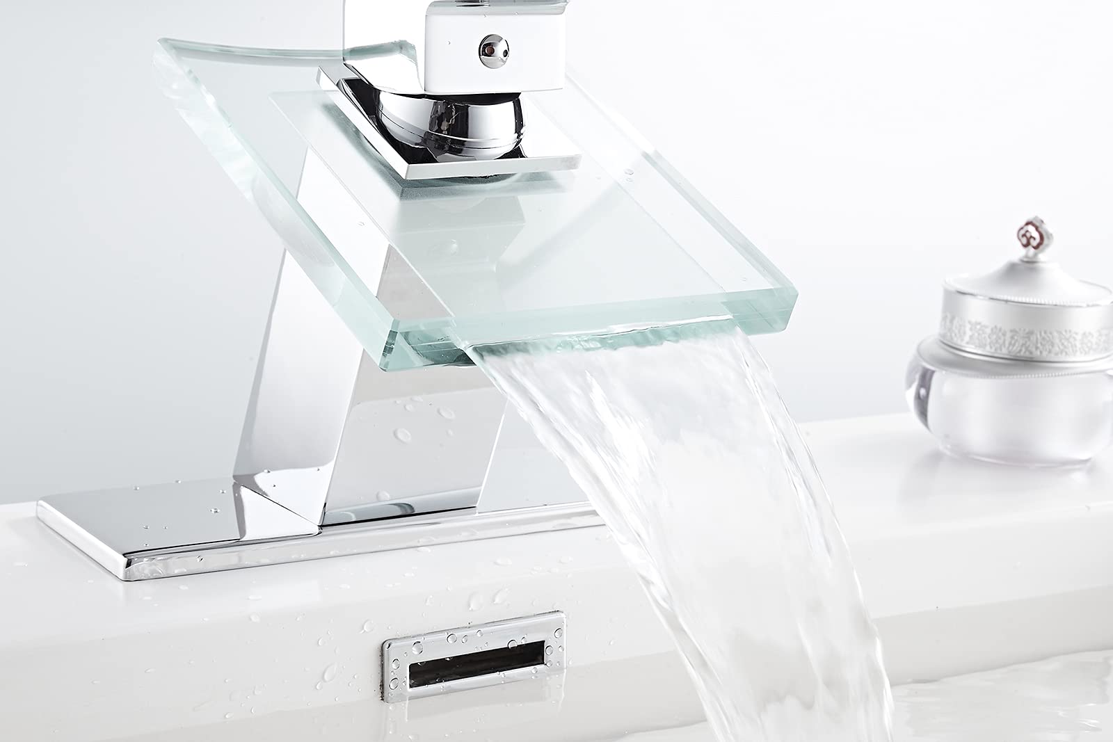 Rubinetto da Bagno a Cascata con beccuccio in Vetro, Design Moderno, monocomando, Foro Singolo, per lavabo, Mobile Bagno, Cromato, in Ottone Massiccio, per Uso Commerciale.