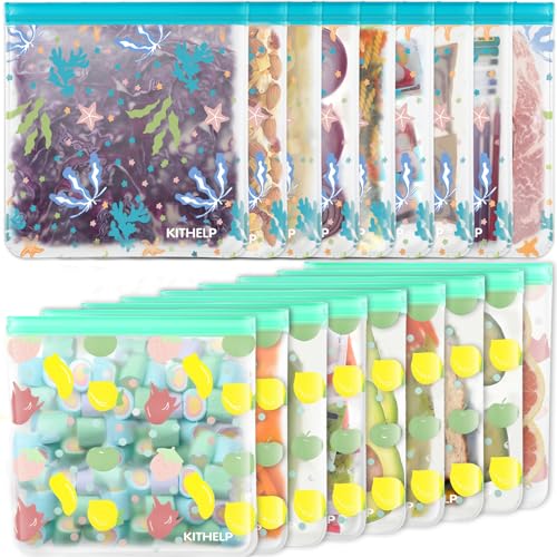 KITHELP Paquete de 18 bolsas reutilizables de almacenamiento de alimentos, bolsas reutilizables para congelador, sin BPA, bolsas de bocadillos reutilizables a prueba de fugas para organización y