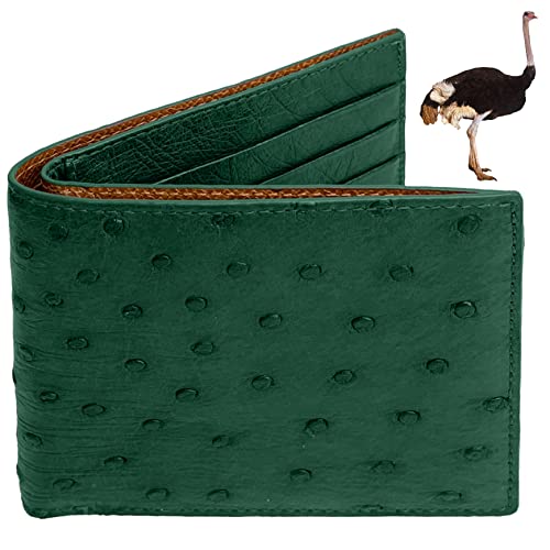 Image of HATA Green Ostrich Leather Bifold Wallet for Men, Double-Sided Ostrich Billfold with RFID Blocking, Handmade Leather Wallet Gift for Birthday, Anniversary, Father's Day VINAMOS-08