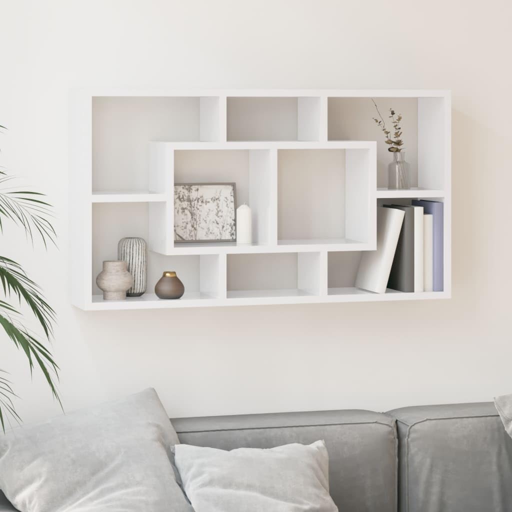 Wandregal Weiß Hochglanz 8 Fächer Schweberegal aus Holzwerkstoff 85 x 18 x 85 cm Unsichtbare Montage bis 50 kg für Wohnzimmer Küche und Badezimmer