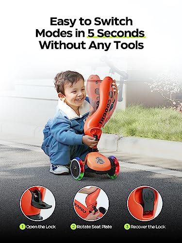 Cooghi Toddler Scooter, 3-In-1 Kids Scooter With Flashing Wheels, Adjustable Parent Push Bar & Seat & Handlebar, 3 Wheel Scooter For Kids Ages 1-5, Red #TOP4