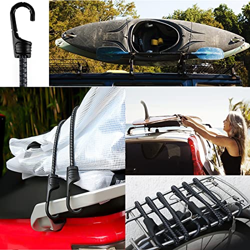 36 Inch Bungee Cord Heavy Duty Outdoor Tie Straps 8Mm With Dual Hooks 4Pack And 8 Tarp Clips Heavy Duty Lock Grip Tie Down For Securing Tie Down Funiture, Camping,Cargo, Awning,Kayaking, Bike #TOP6