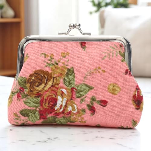 Generic 1Pcs Pouch Wallet Rose Design Snap Purse Canvas Orange Pink 12x9cm
