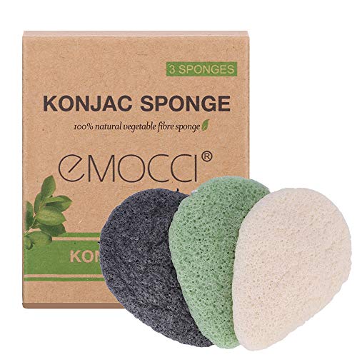 EMOCCI Natural Konjac Sponge for Face - Exfoliating Organic Facial Sponge Set Activated Charcoal Reusable Face Sponge for Makeup Gentle Daily Face Scrub/Skincare Gift Box 3pcs Pack