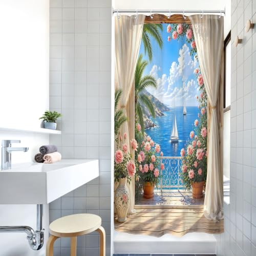 Image of Small Stall Beach Ocean Shower Curtain Blue Coastal Floral Bathroom Decor
