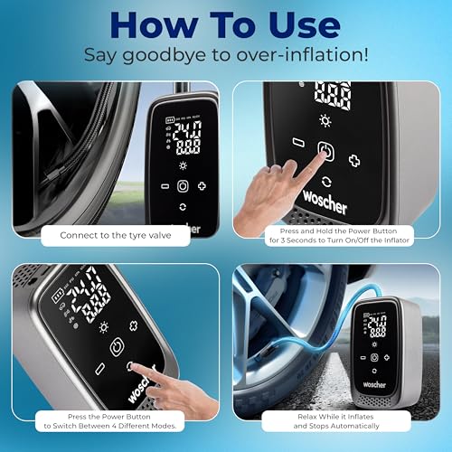 Image of Woscher i23 Cordless, 4500 mAh Battery & 12V USB Port Portable Tyre Inflator for Car & Bike with 150 PSI | Digital Display, Auto Shutoff | Air Pump Compressor for Car Tyre, Bikes, Bicycles, Balls