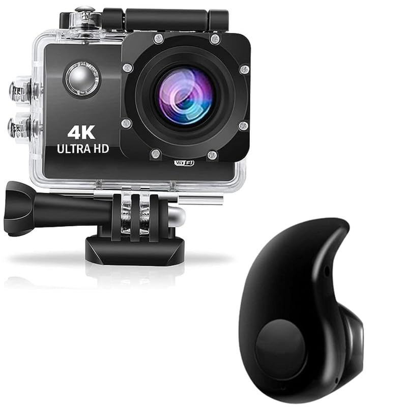 Drumstone Combo Pack of 2 Items- Touch Screen Sports Action Camera, 4K Waterproof Sport Camera,170 Degree Wide Angle WiFi HD Cam, 16MP with Mini S530 Stylish,Single Ear Wireless Bluetooth Headset