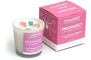 Pregnancy Announcement Candle | Soy Wax Candle w/ Rose Quartz, Aquamarine, Cherry...
