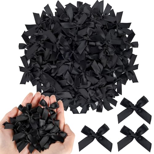 NEBURORA 100 Pcs Mini Black Bows Small Satin Fabric Ribbons Bow with Dot Stickers for Gift Wrapping Cake Card DIY Crafts Wedding Party Decorations