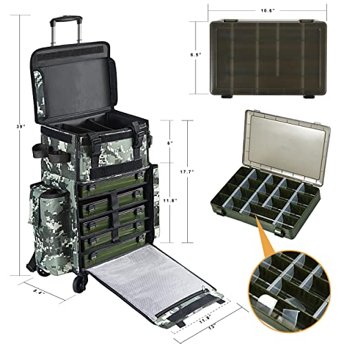 Rolling Fishing Tackle Bags With 4 Rod Holders, Large Fishing Backpack With Removable Wheels And Fishing Cart With Tackle Included, Fishing Gifts For Men, Waterproof Fishing Organizer Pack With Rod Case #TOP4