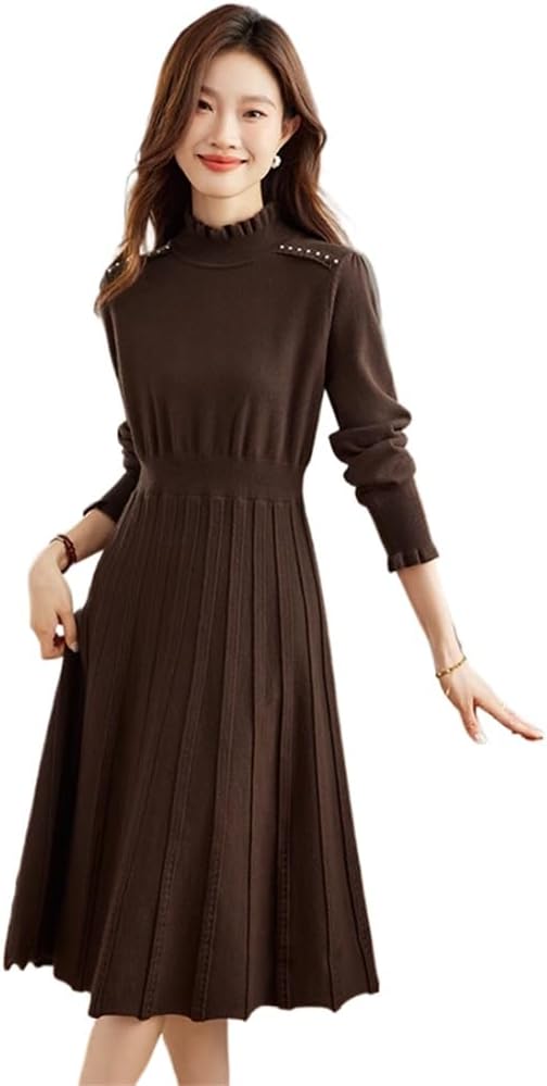 LIXINGHEITANG Wool Knitted Dress Women's Autumn and Winter Slimming Pleated Stitching Sweater Skirt Over The