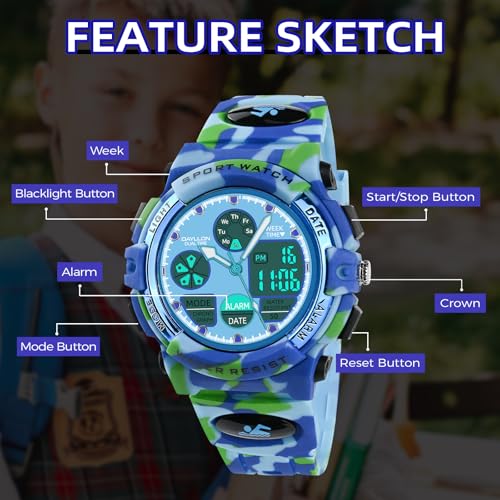 Image of Dayllon Boys Watch,Kids Watch for 5-15 Year Old Boys,Digital Sport Outdoor Multi Function Waterproof with LED Alarm Calendar Analog Watch for Kids Gifts
