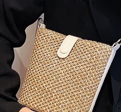 Miniatura 6 de Bolso cruzado de paja para mujer, bolso de hombro hecho a mano de ratán para playa, correas de cuero tejidas a mano, bolso de mano de paja