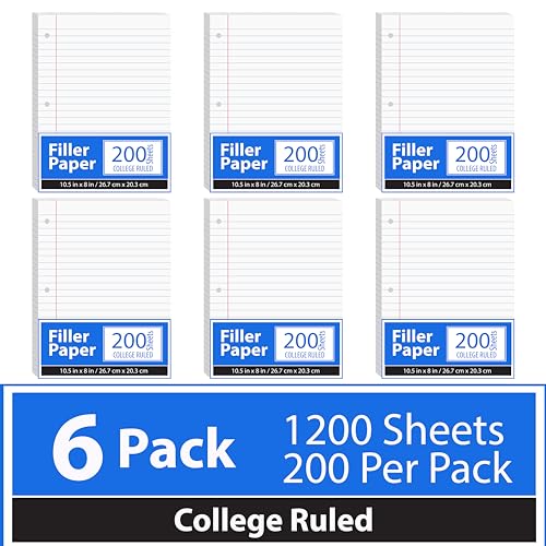 Notebook Paper, College Ruled Loose Leaf Paper (6 Pack), Filler Paper, 10.5” x 8”, Filler Paper, 200 Sheets Per Pack, 60 gsm (6 Pack)