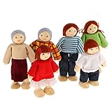  MagiDeal 7 Personen Familie Puppen Biegepuppen aus Holz & Stoff für Kinder Puppenhaus Spielzeug, Inkl. Vater, Mutter, Opa, Oma, ältere Schwester und jüngeren Bruder