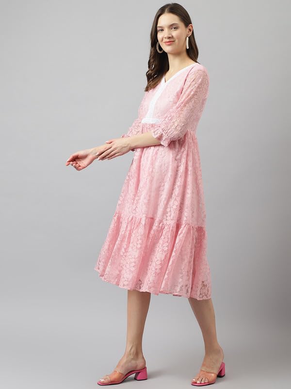 Image of Cicica Women's Baby Pink Russle Net Floral Tiered Western Dress | Dress for Women | A line Dress | Winter Dress | Western Dress | Women Dress | Trendy Dress | Midi Dress